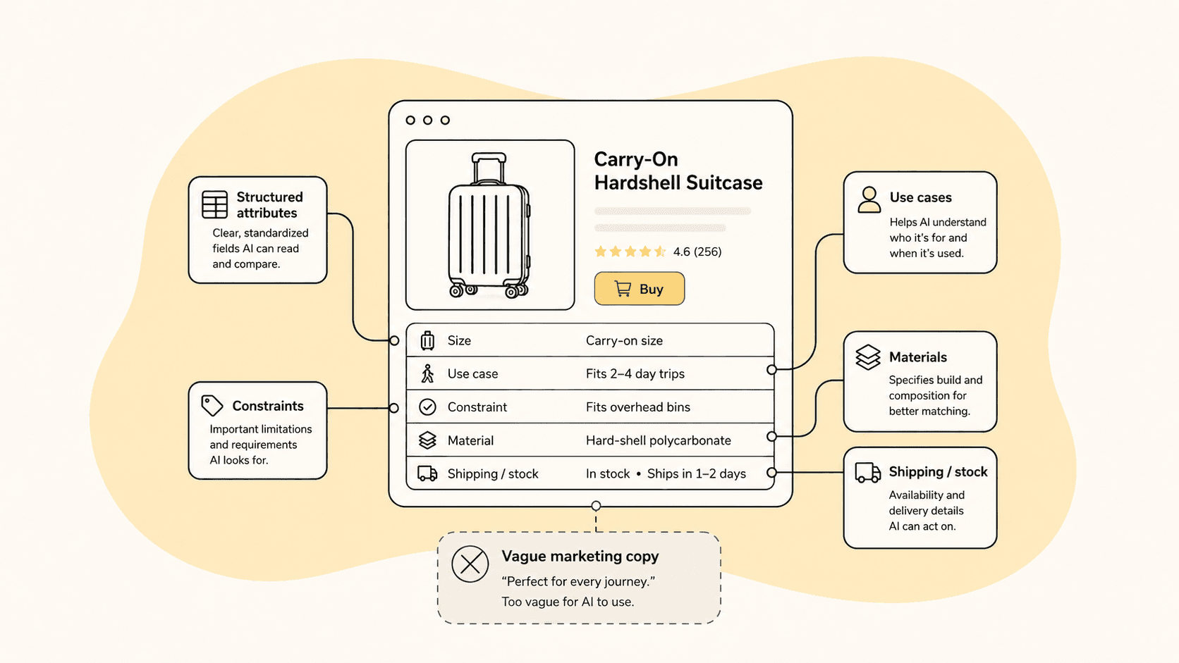 A product page annotated to show the structured attributes, use cases, constraints, materials, and shipping data an AI model needs, versus vague marketing copy