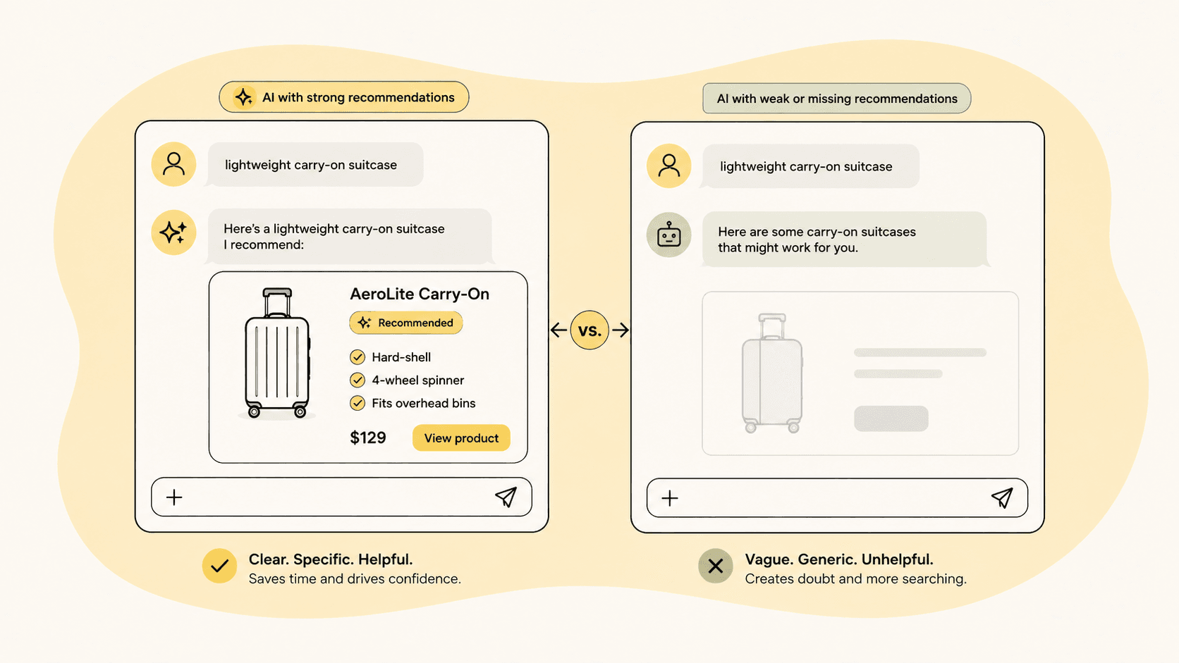 Side-by-side comparison of an AI chat giving a clear, specific product recommendation versus a vague, generic one