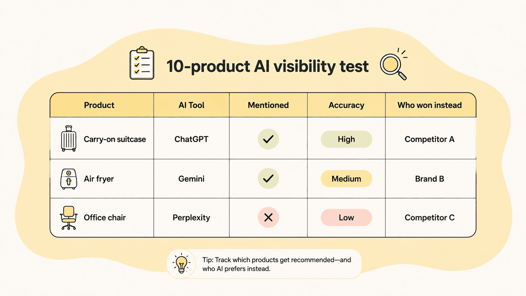 Example 10-product AI visibility test table tracking which products are mentioned by ChatGPT, Gemini, and Perplexity, how accurately, and which competitor wins instead