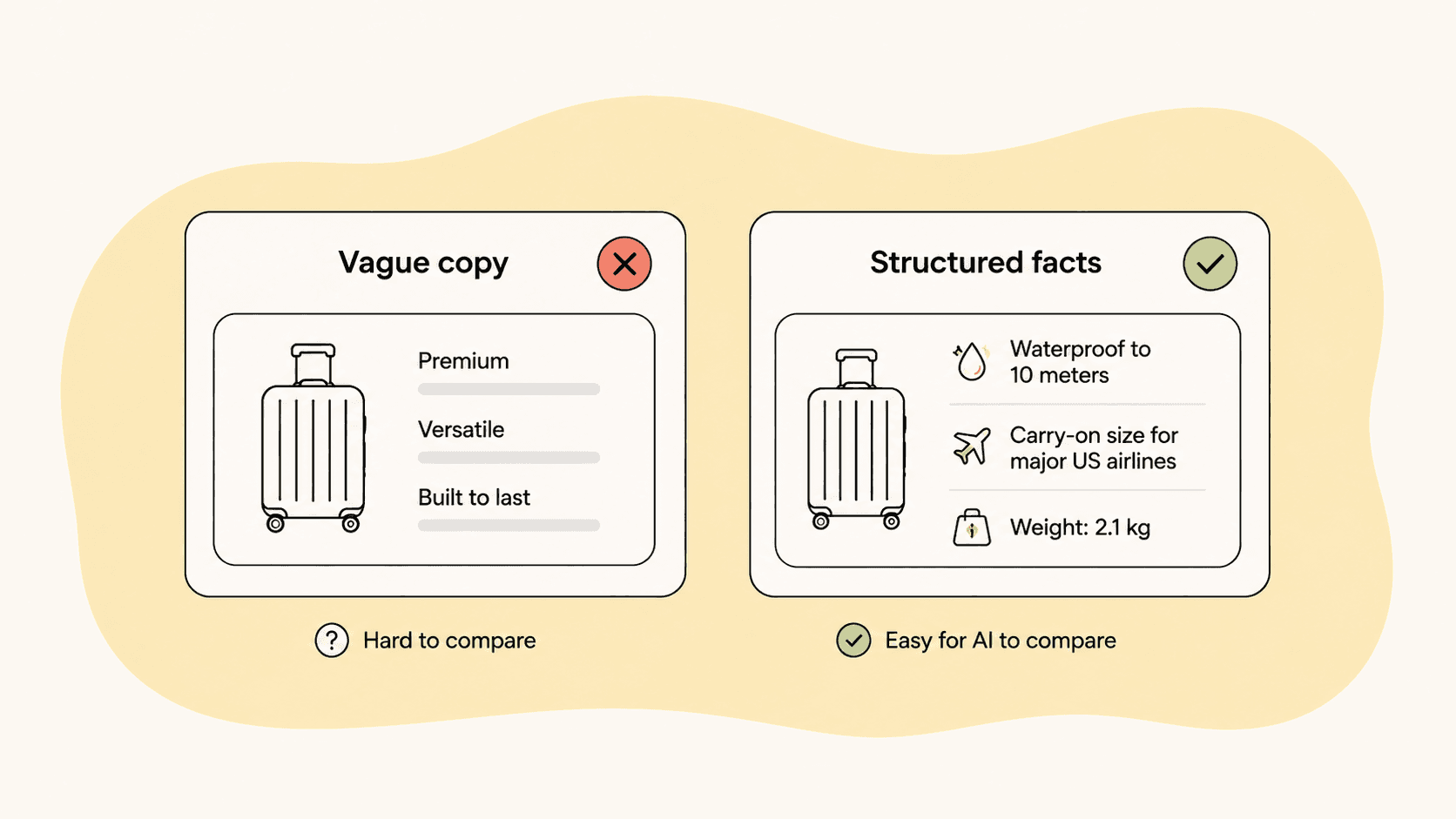 Comparison of vague product copy (premium, versatile, built to last) that is hard to compare against structured facts (waterproof to 10 meters, carry-on size, 2.1 kg weight) that AI can easily compare