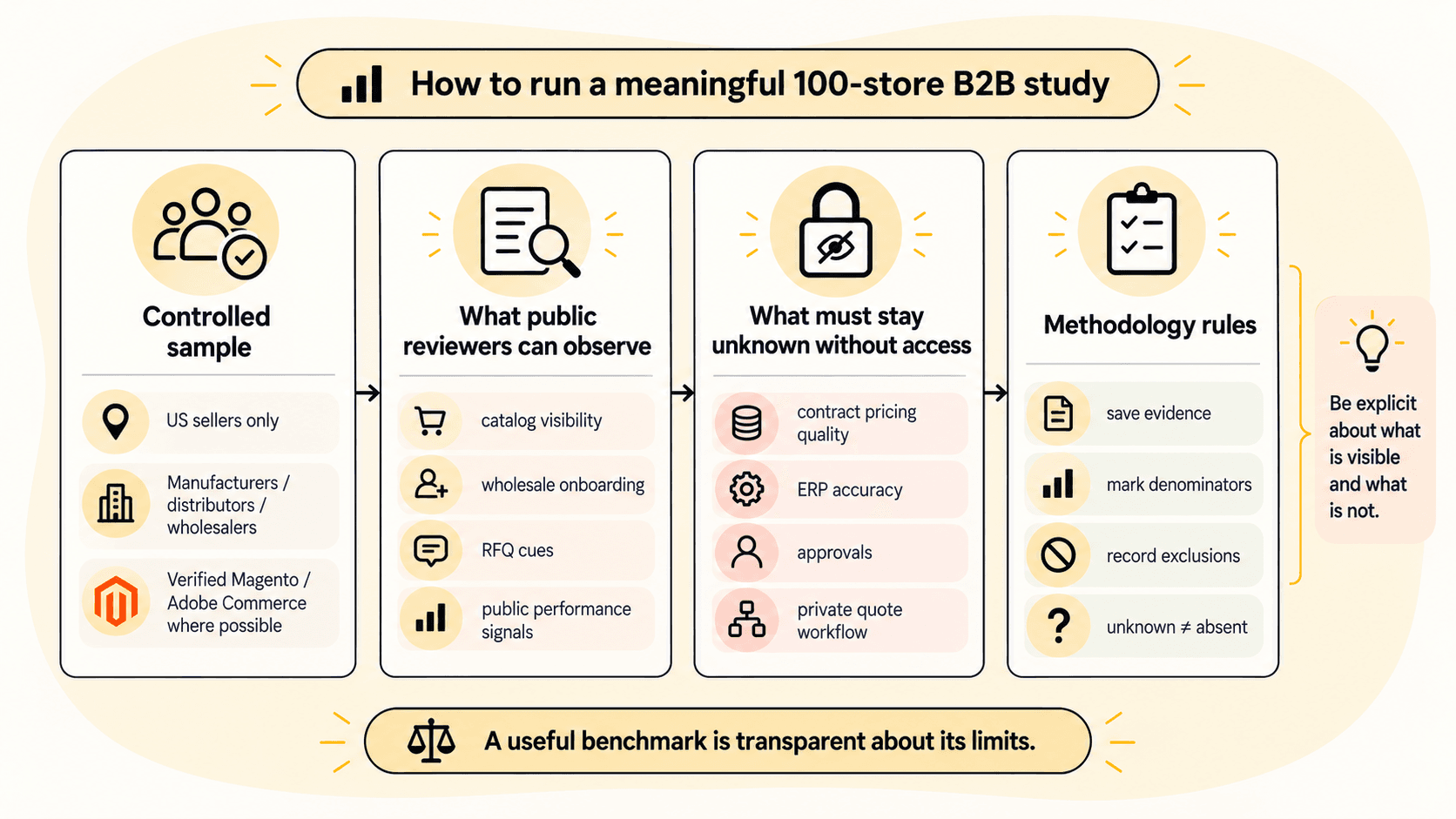Diagram of how to run a meaningful 100-store Magento B2B study: controlled sample, what public reviewers can observe, what must stay unknown without access, and methodology rules