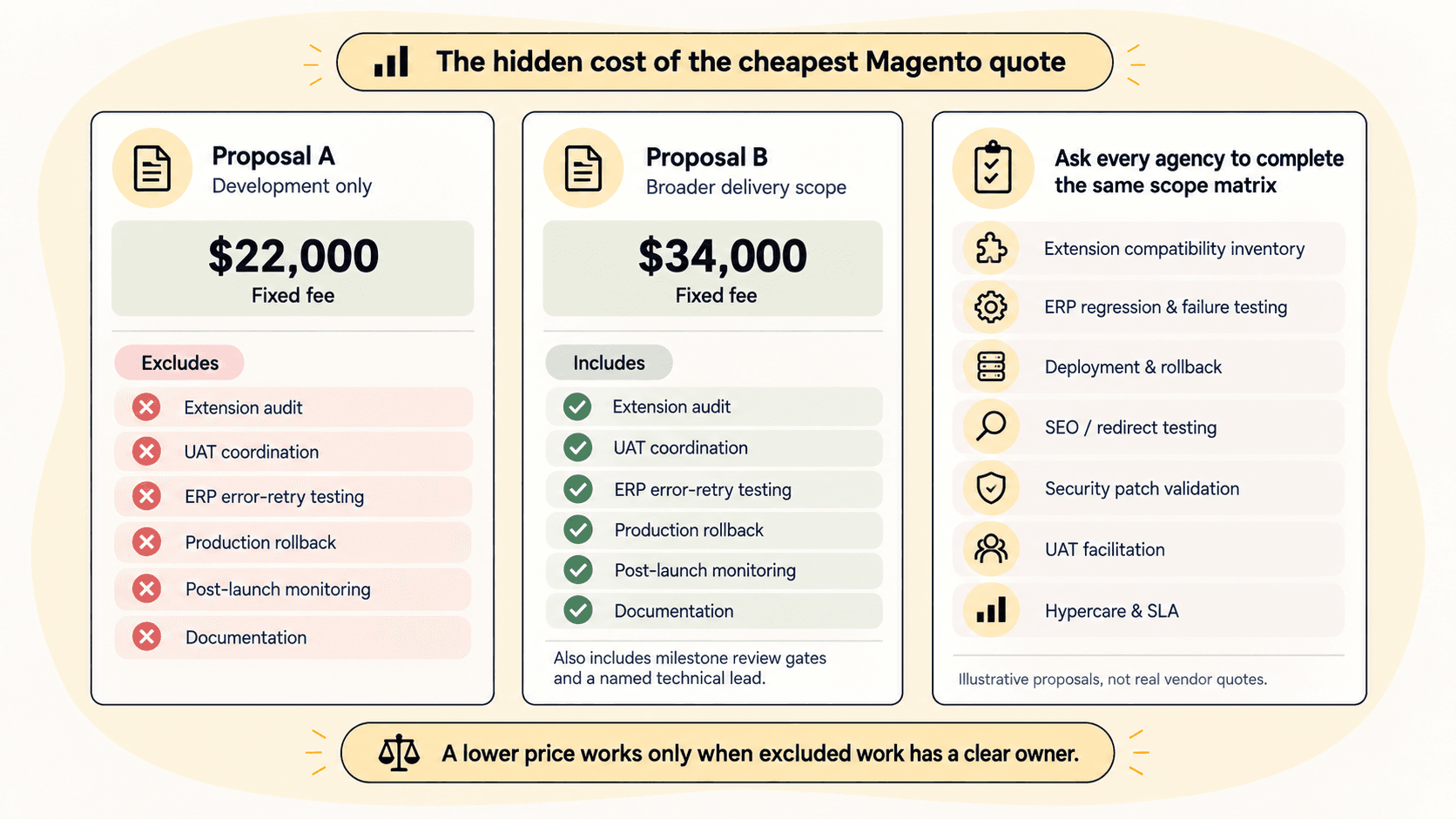 Side-by-side comparison of two illustrative Magento upgrade proposals: a $22,000 fixed fee covering development only versus a $34,000 fixed fee that also includes extension audit, UAT coordination, ERP error-retry testing, production rollback, post-launch monitoring, and documentation