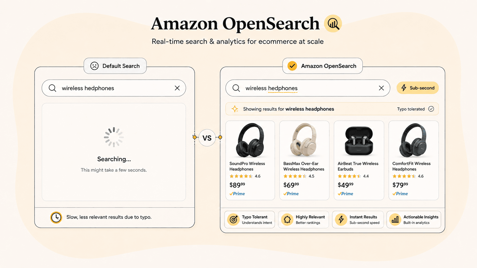 Comparison of instant OpenSearch-powered results versus a slow default search spinner