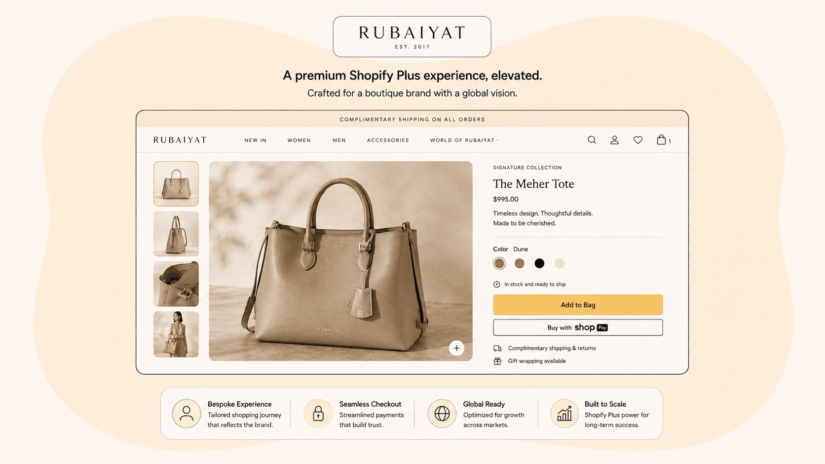Mockup of an elevated, boutique-style Shopify Plus product page