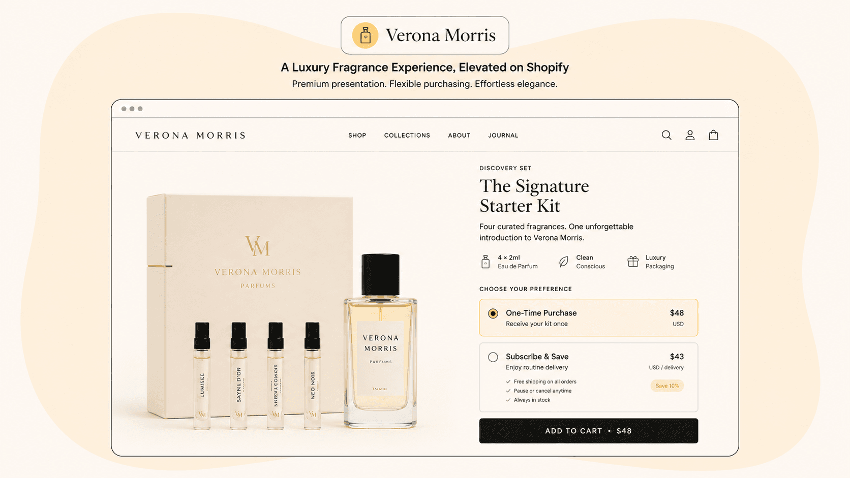 Mockup of a luxury product page with an elegantly presented subscription option