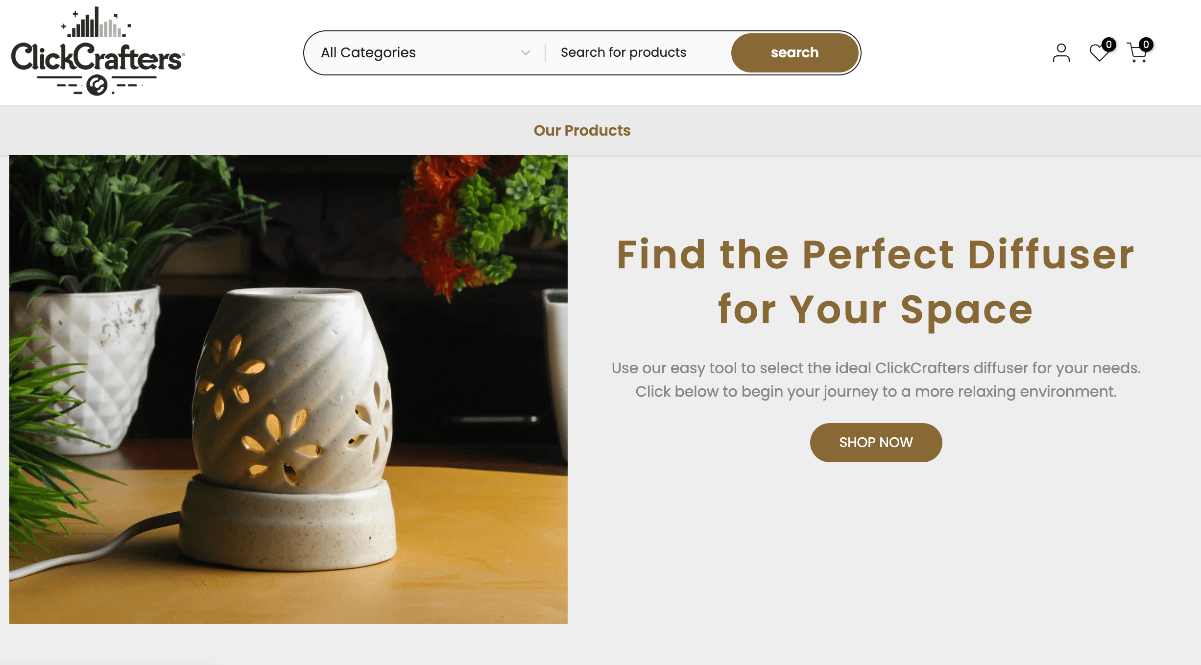 ClickCrafters homepage showing the redesigned diffuser shopping experience