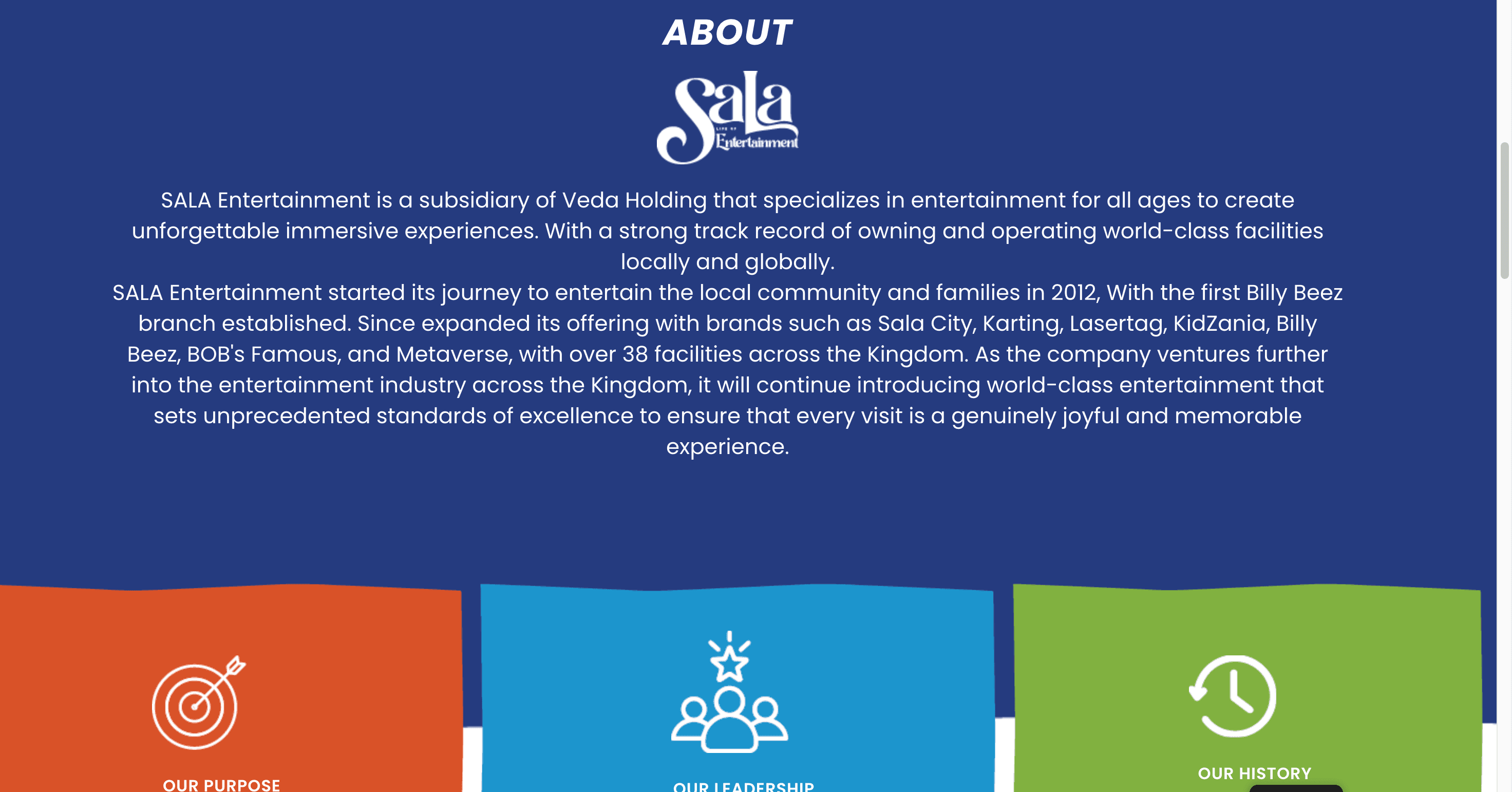 Sala Entertainment about page showing the brand and company overview