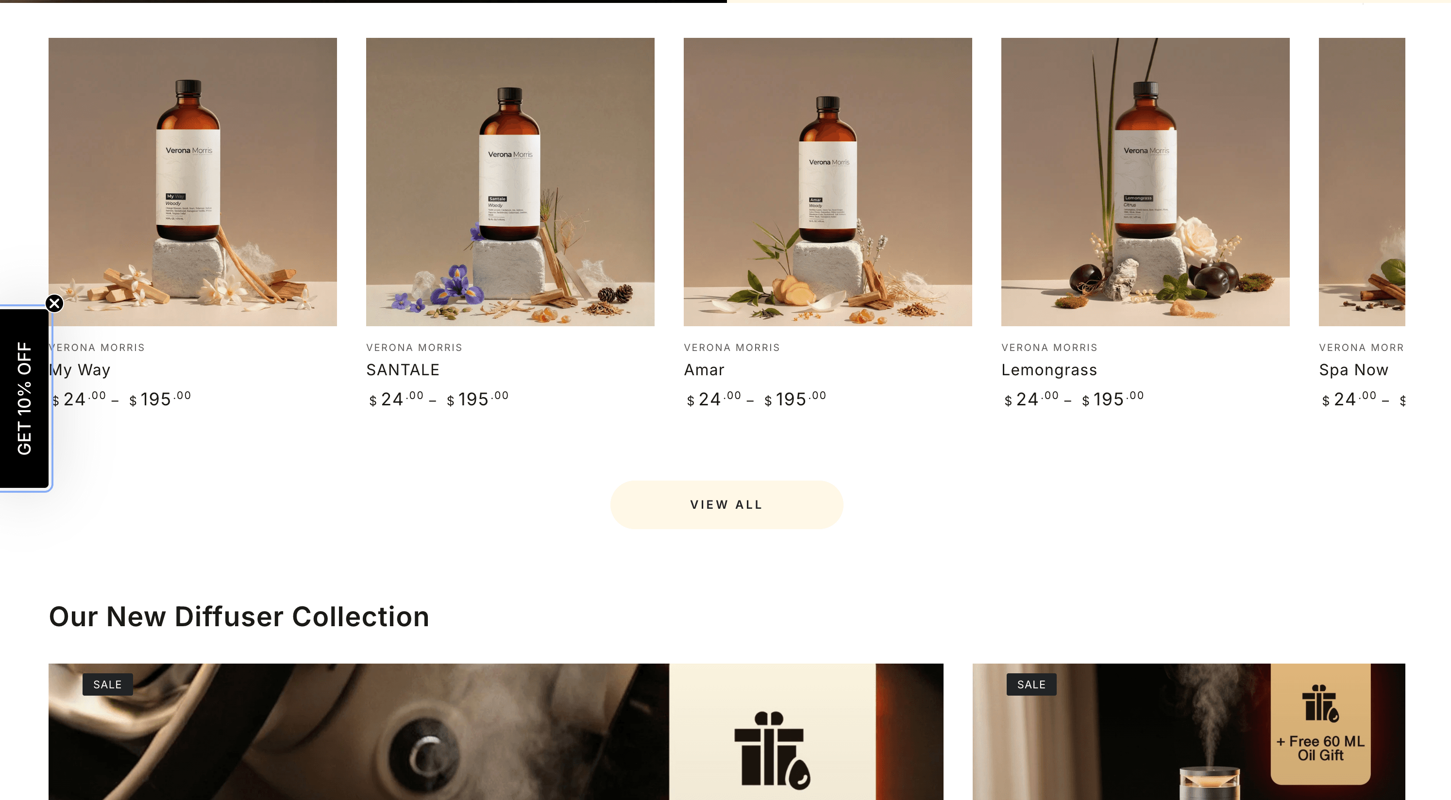 Verona Morris product collection page showing the real fragrance catalog