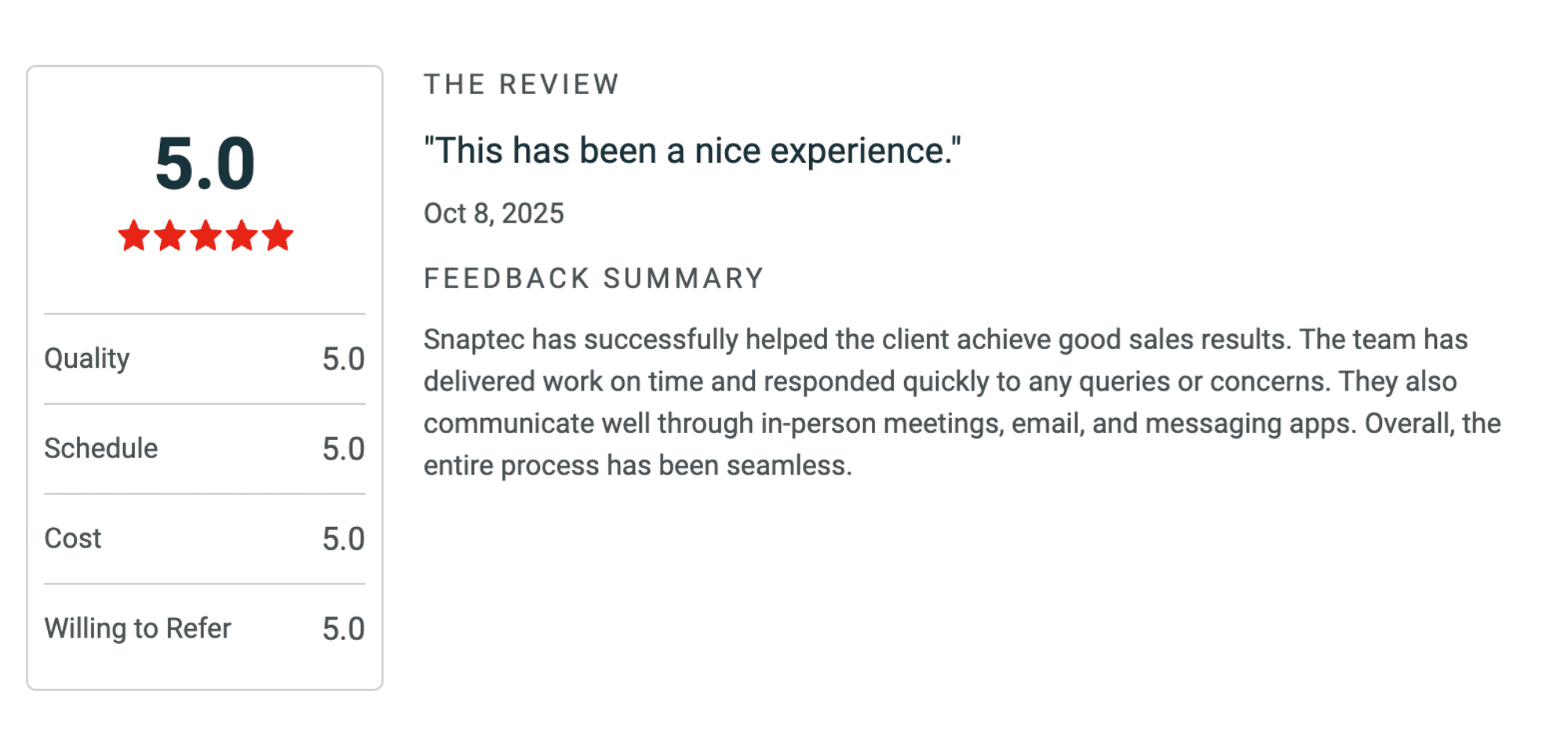 5.0-star Clutch review: “This has been a nice experience.”