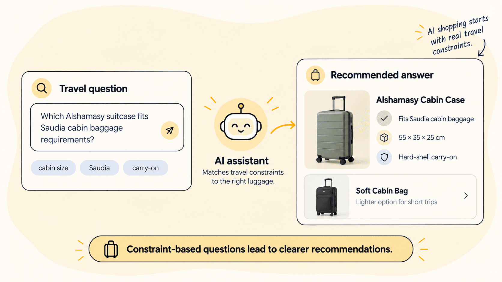 Mockup of an AI assistant recommending a specific suitcase based on airline cabin baggage requirements