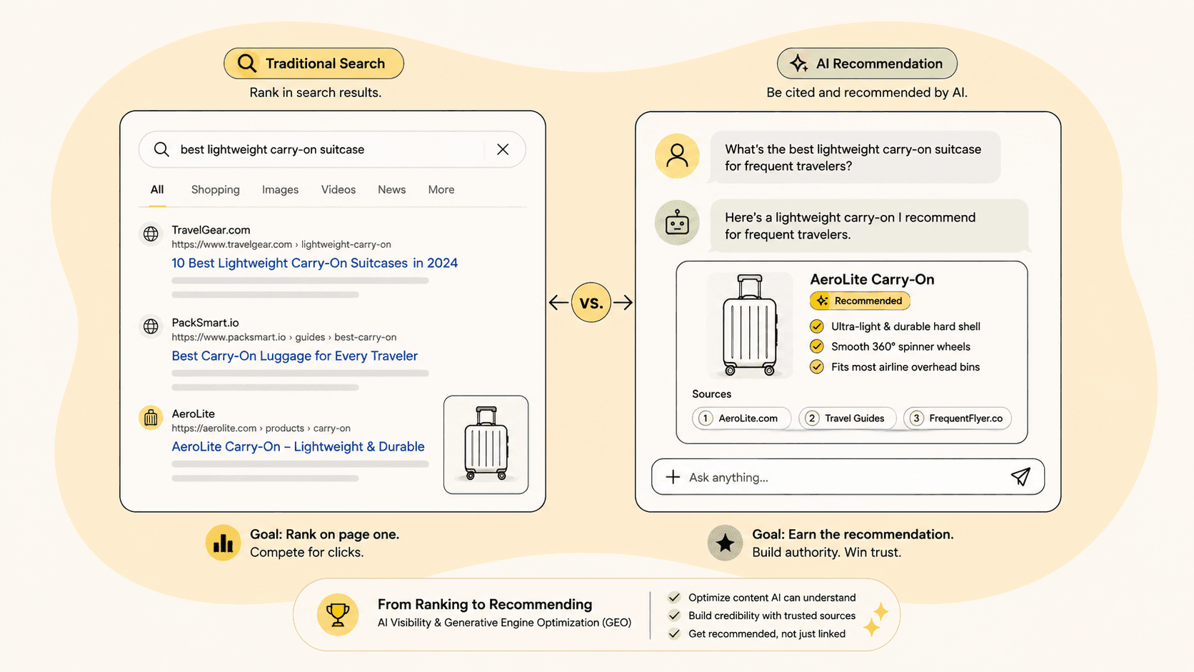 Comparison of traditional search results versus an AI-generated product recommendation