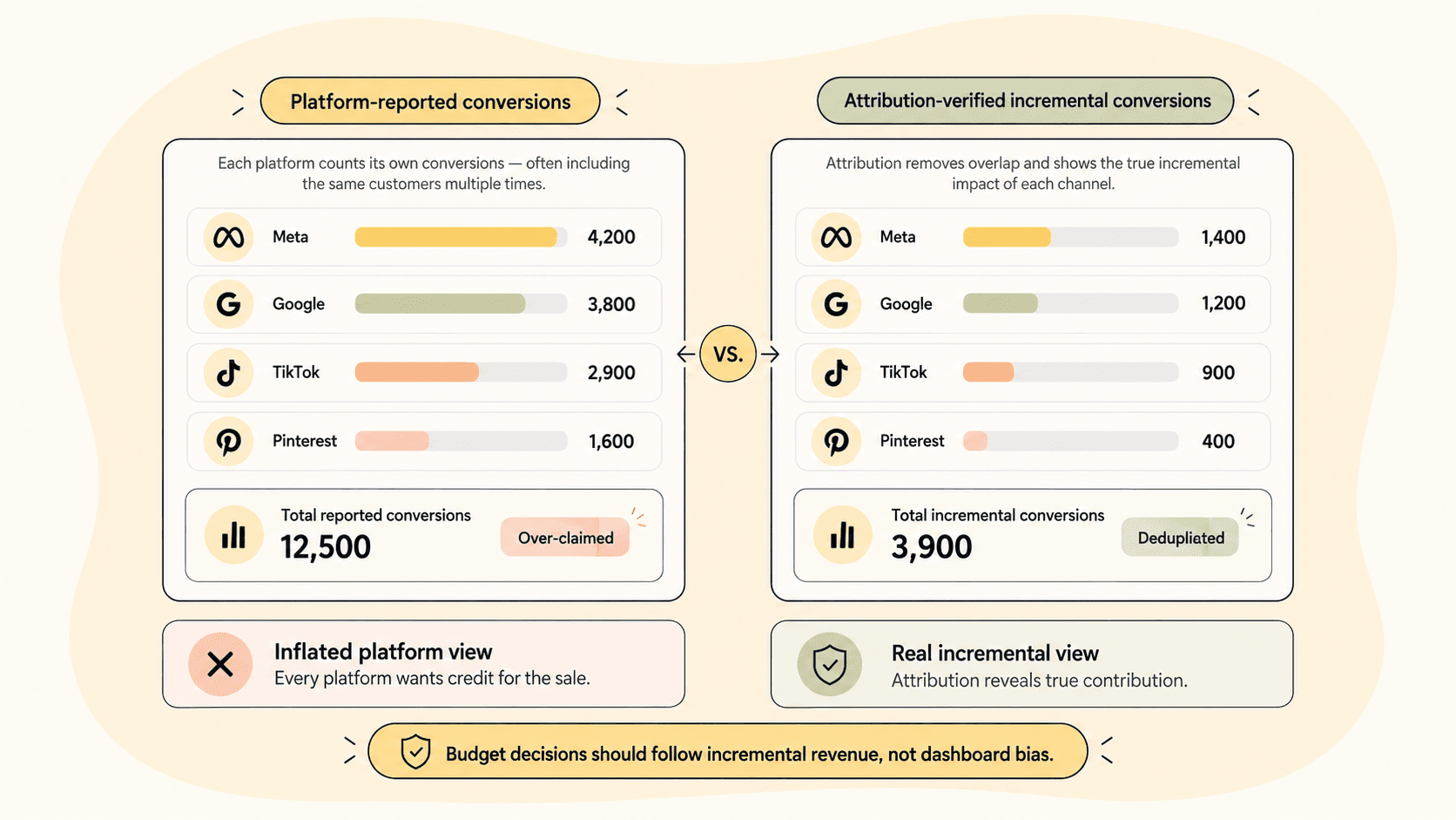 Comparison of inflated platform-reported conversions versus lower, attribution-verified incremental conversions