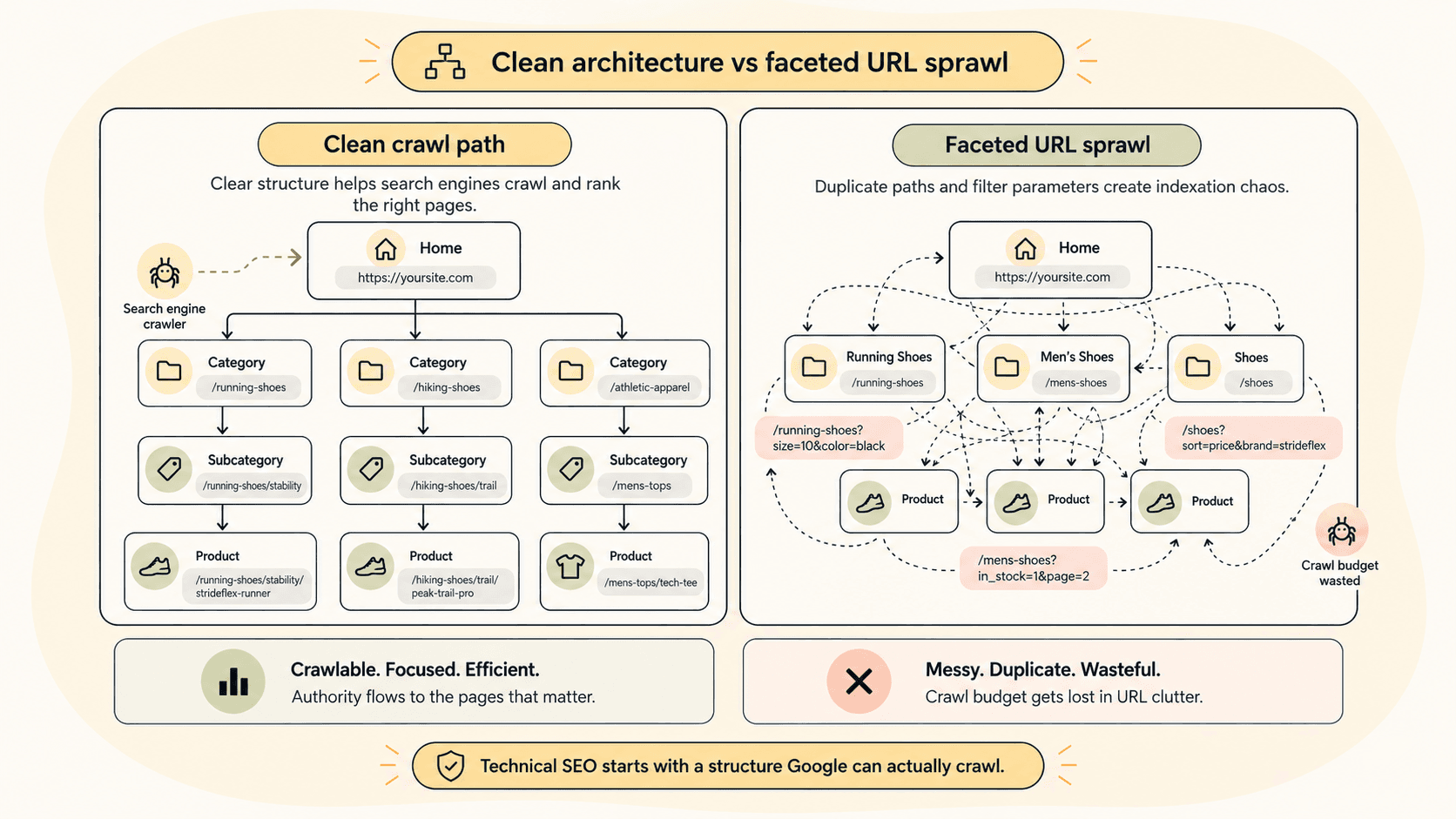Diagram comparing a clean, crawlable site architecture to tangled faceted navigation URL sprawl