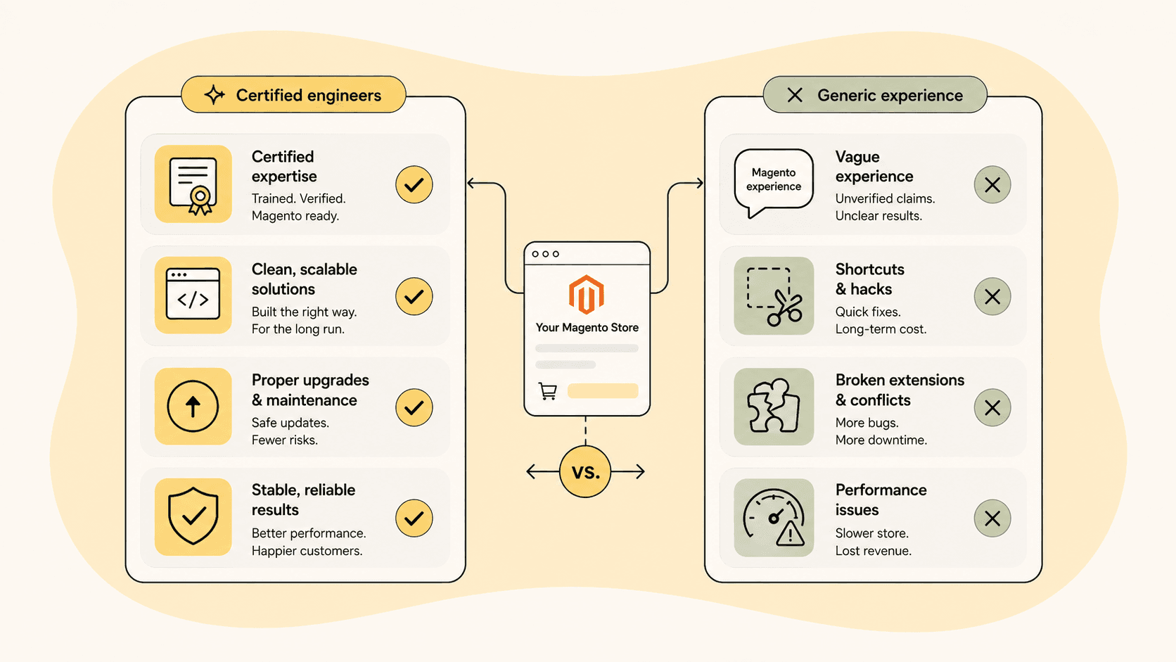 Comparison of certified Magento engineers delivering clean scalable solutions and proper upgrades against generic experience producing vague claims, shortcuts, and broken extensions