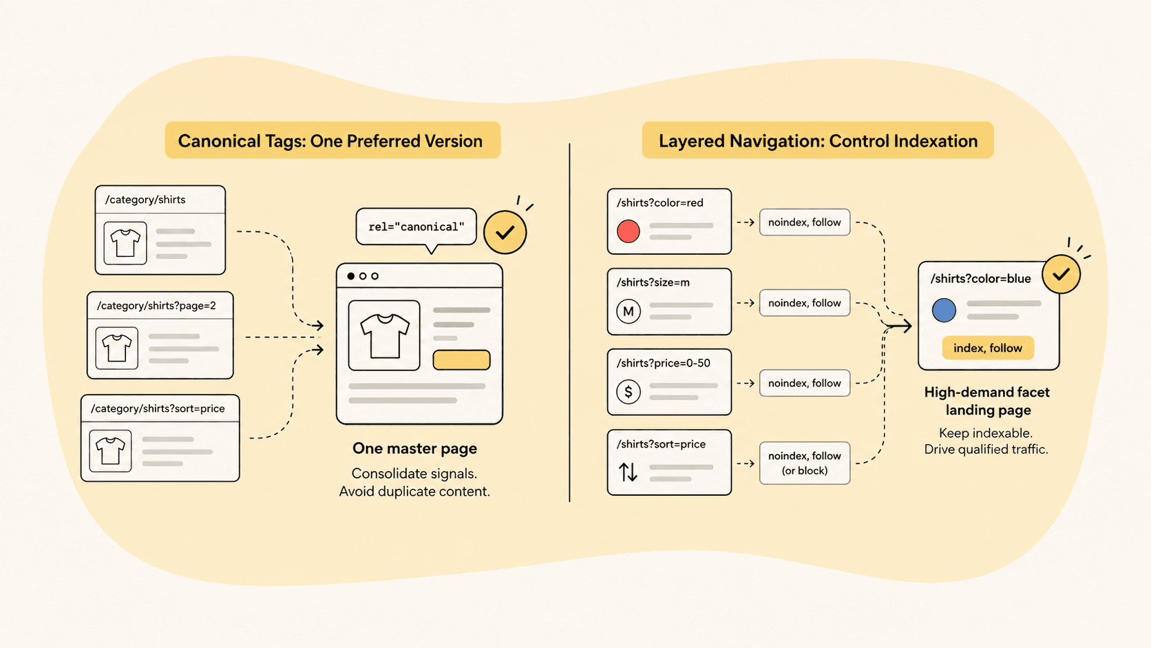 Diagram showing canonical tags consolidating category URL variants into one master page, and layered navigation filter URLs set to noindex/follow except for a high-demand facet kept indexable