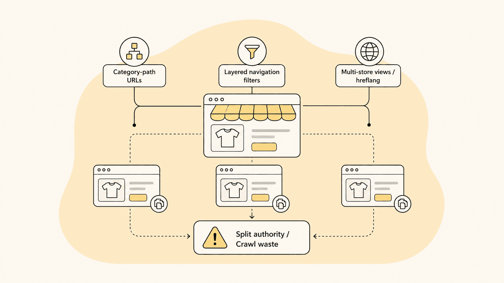 Diagram showing three sources of Magento duplicate content: category-path URLs, layered navigation filters, and multi-store views without hreflang, all leading to split authority and crawl waste